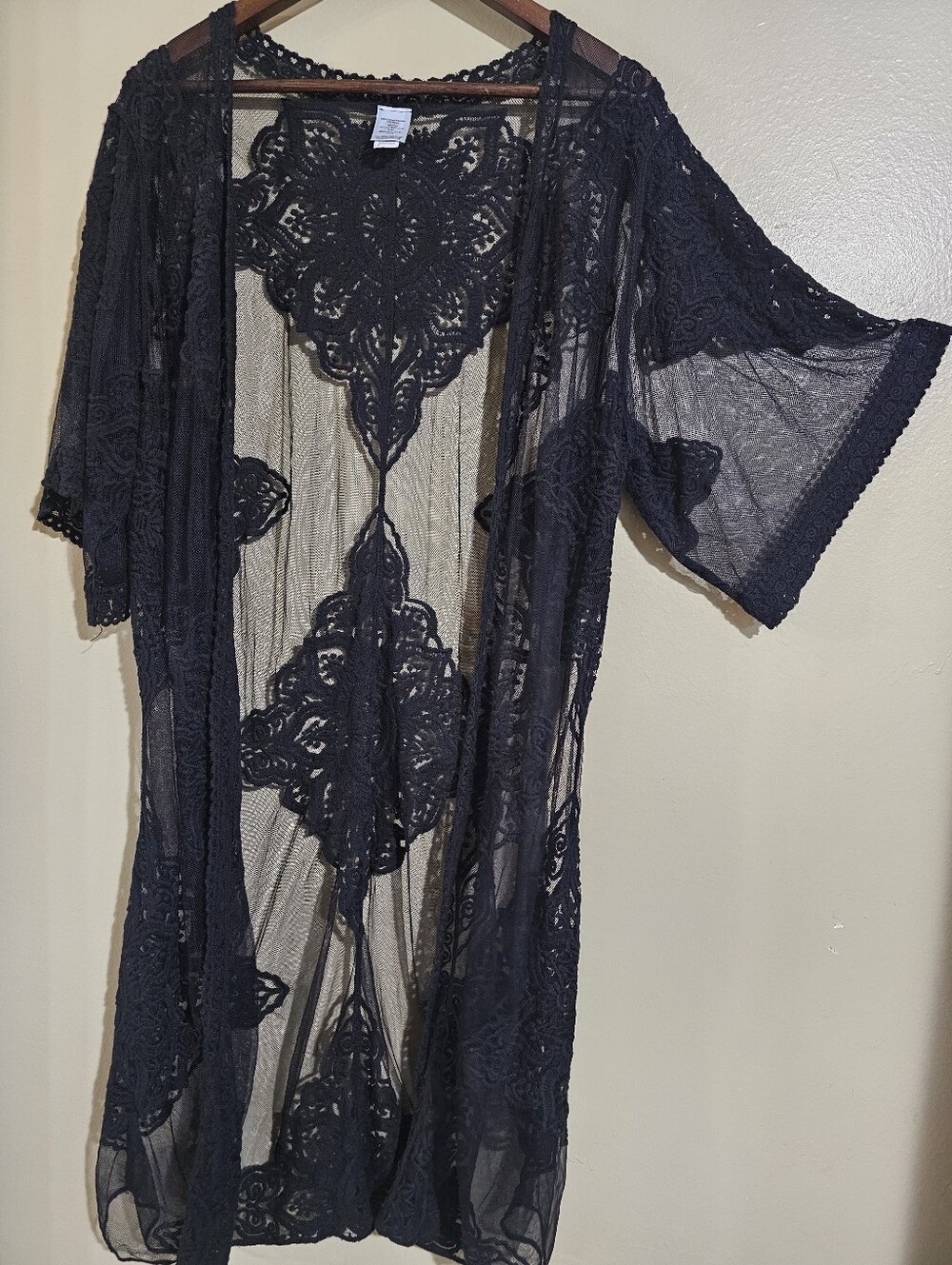 Black Lace Mesh Kimono Cardigan Duster Open Front Boho Festival S/M 45"